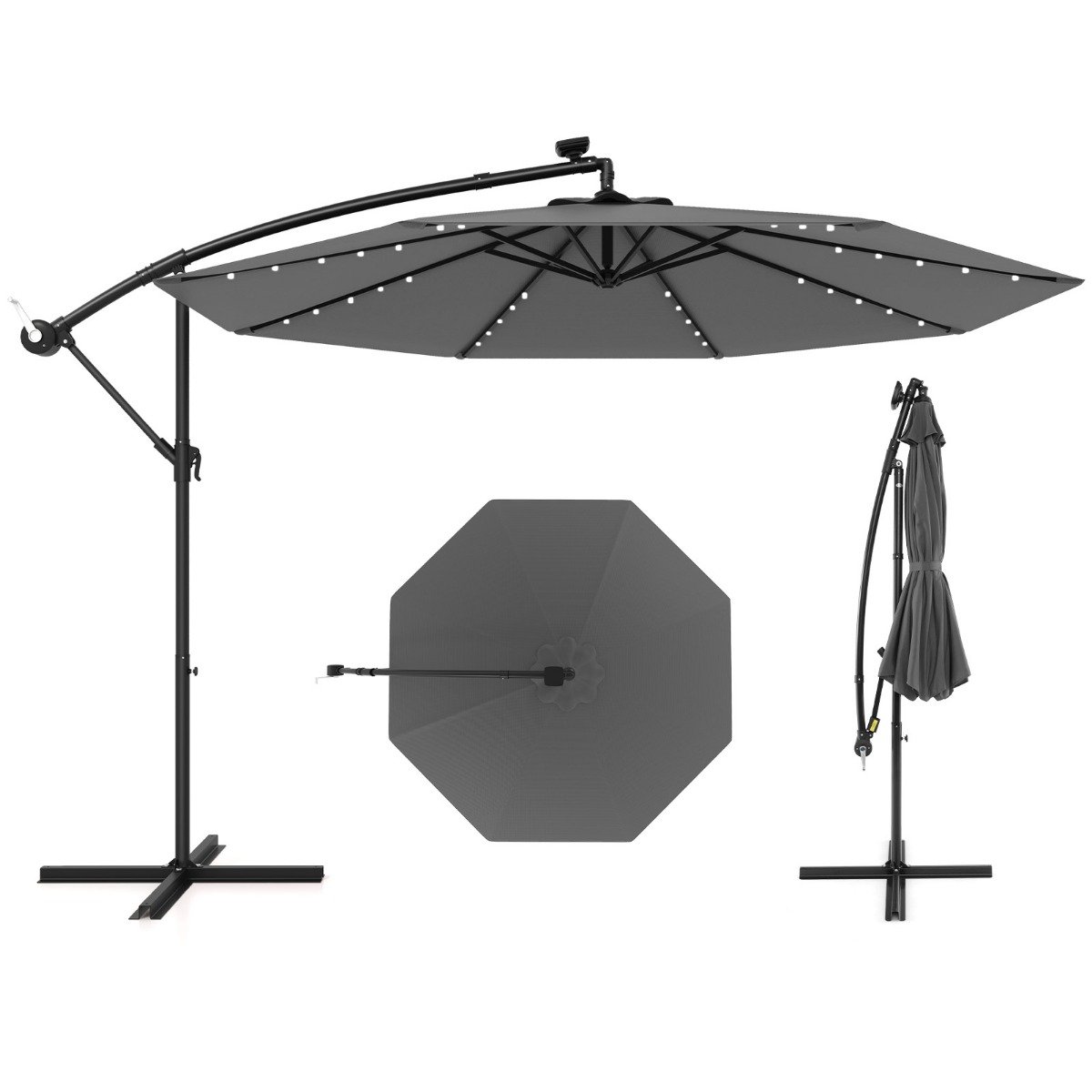Sonnenschirm 300 cm Ampelschirm mit 40 Solar-LED-Leuchten und Kurbel Grau