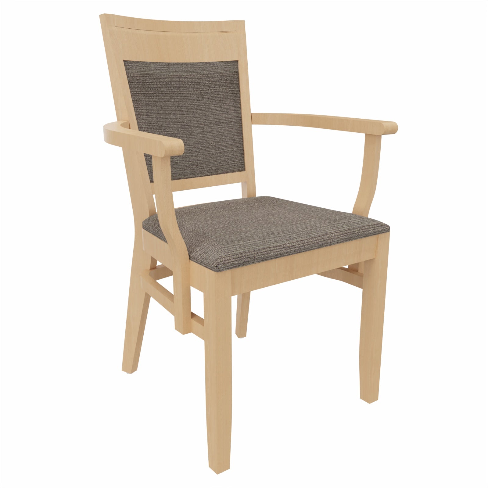 Armlehnenstuhl Anne – Pflegeleichter Seniorenstuhl mit ergonomischer Sitzhöhe - Metall Silber / Stoff Gomera Braun