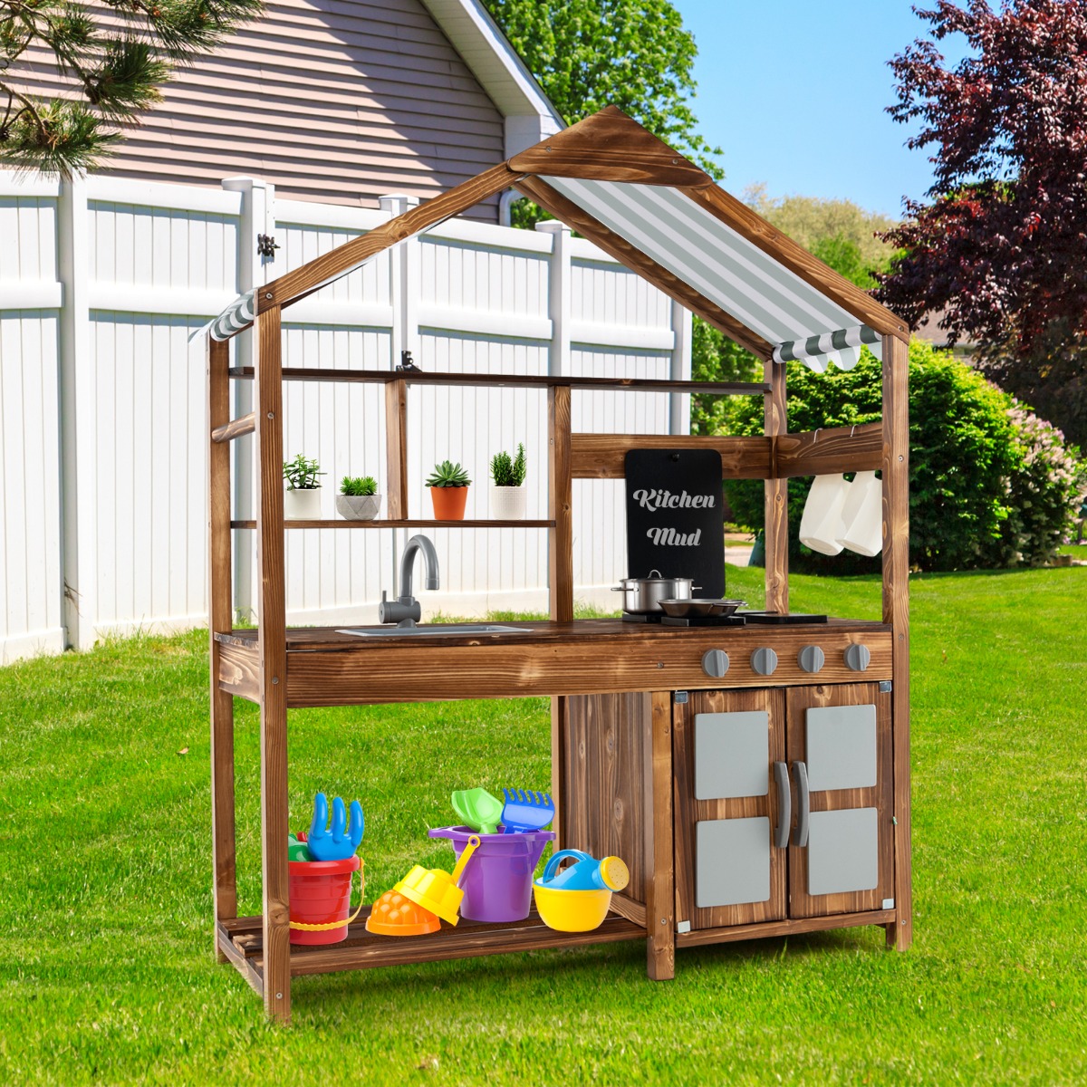 Kinder Matschküche aus Massivholz mit Vordach & Kreidetafel & Abnehmbarem Spülbecken