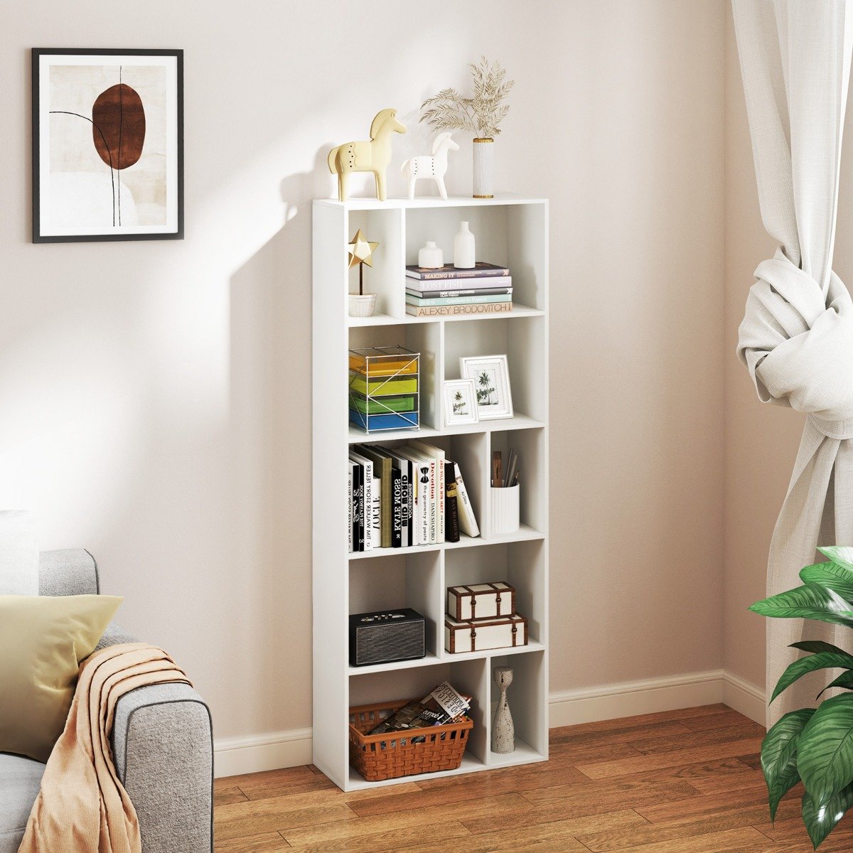 5-stufiges Bücherregal mit 10 Fächern Freistehender Raumteiler Holzregal Offenes Regal