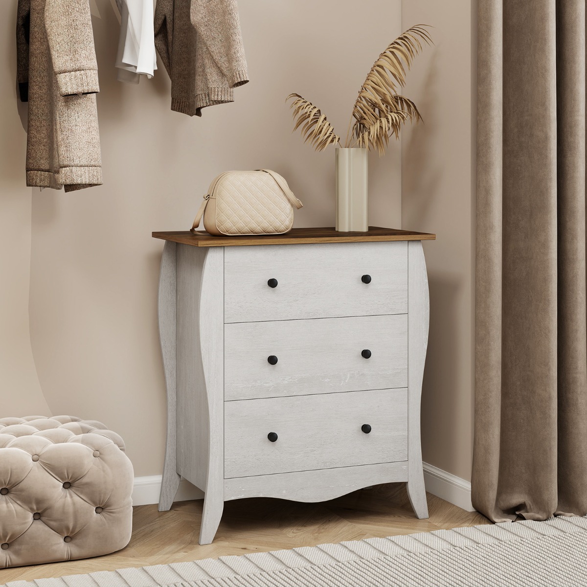 Kommode mit 3 Klappbaren Stoffschubladen Sideboard im Landhausstil Schubladenschrank Grau
