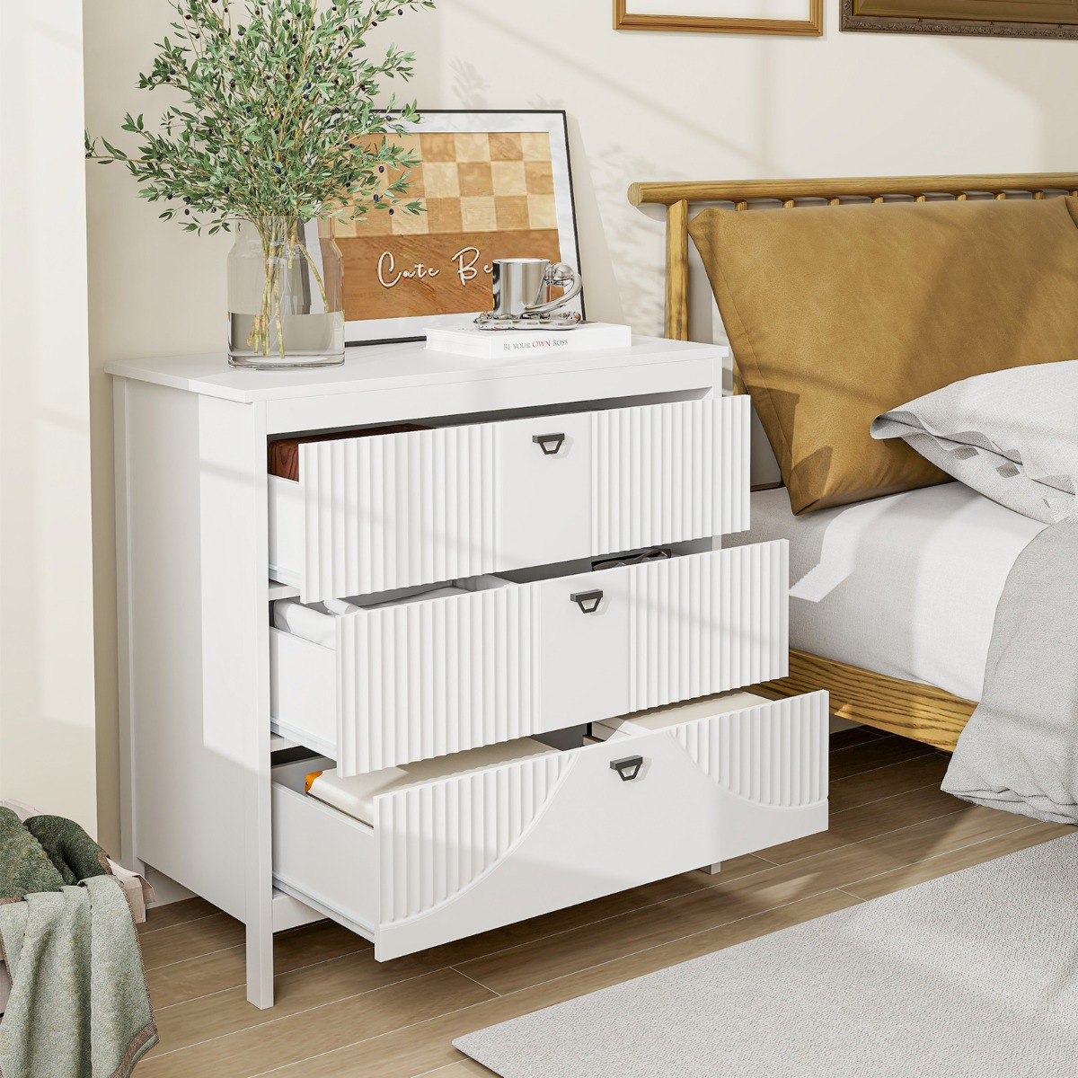 Holz Kommode mit 3 Schubladen & Metallgriffe Modern Sideboard Schubladenschrank
