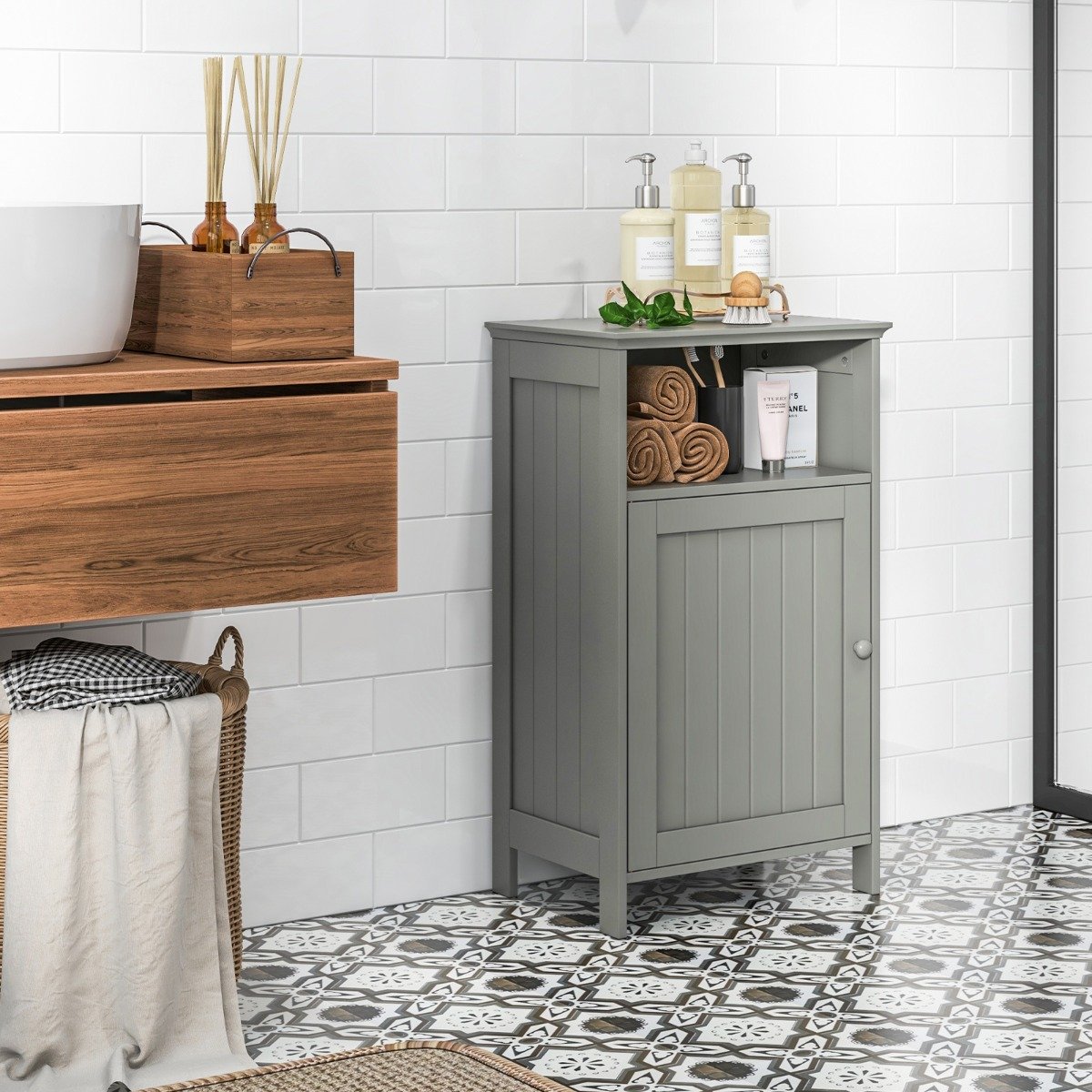 Badezimmerschrank mit Tür & Verstellbarem Regal Multifunktionales Freistehendes Regal Grau