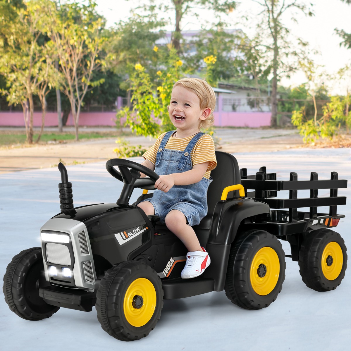 12 V Kinder Traktor mit Abnehmbarem Anhänger & Fernbedienung Elektrisches Spielzeugauto Schwarz
