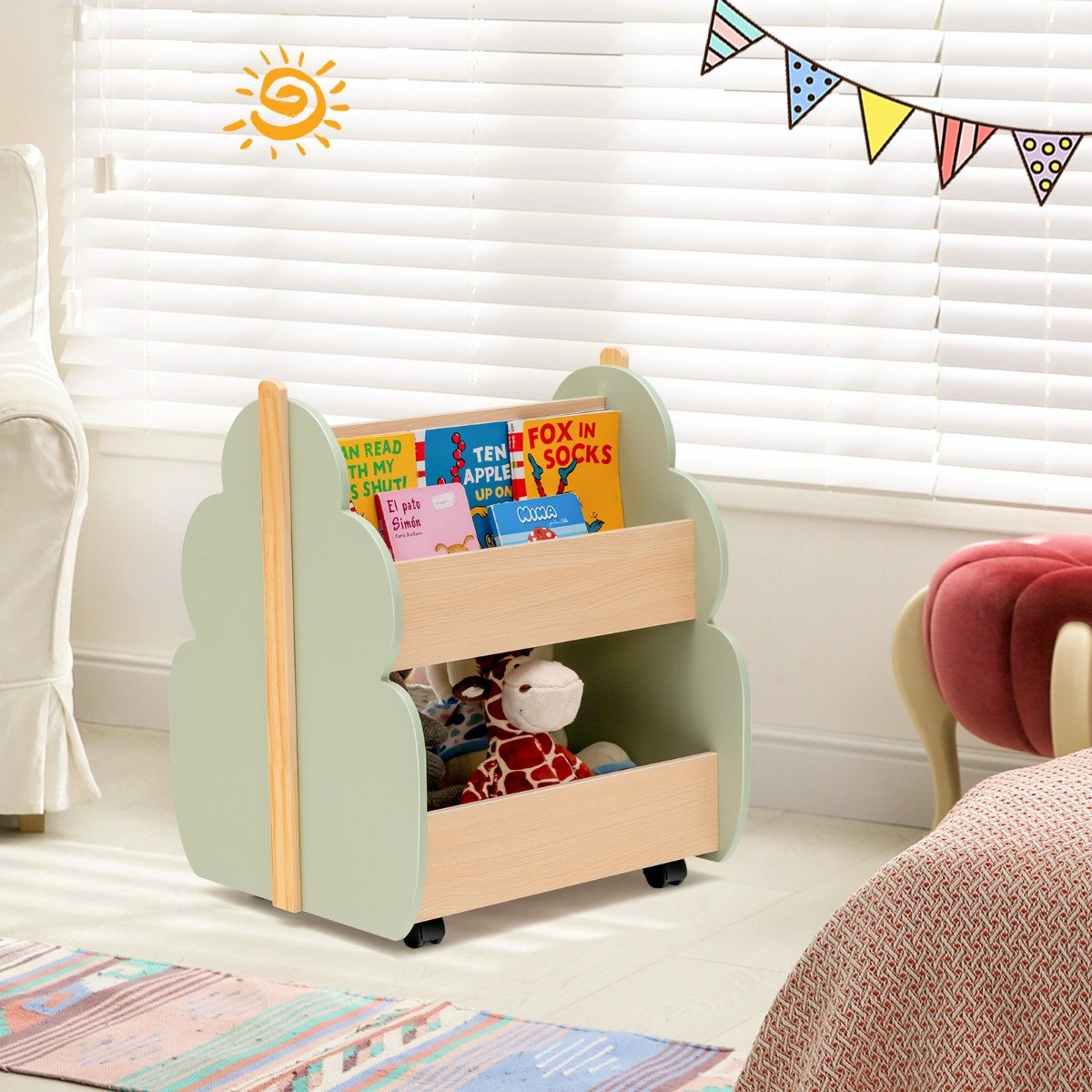 Kinder Bücherregal aus Holz mit Universalrädern 2 Ebenen Spielzeugregal auf Rollen Grün