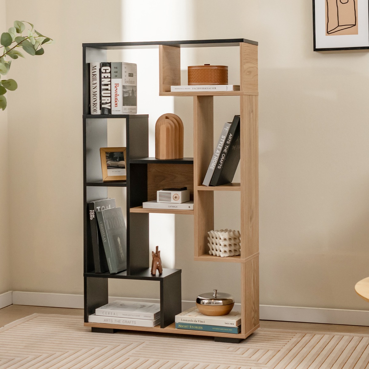 120cm Bücherregal mit 9 Fächern Standregal Raumteiler geometrisch Schwarz und Holz