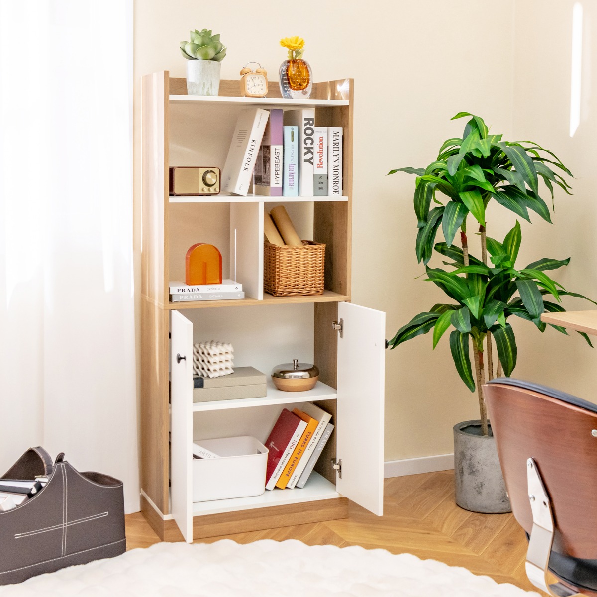 Bücherregal mit Doppeltürschrank 3-stöckiges Standregal mit Offenen Fächern 60 x 30 x 140 cm