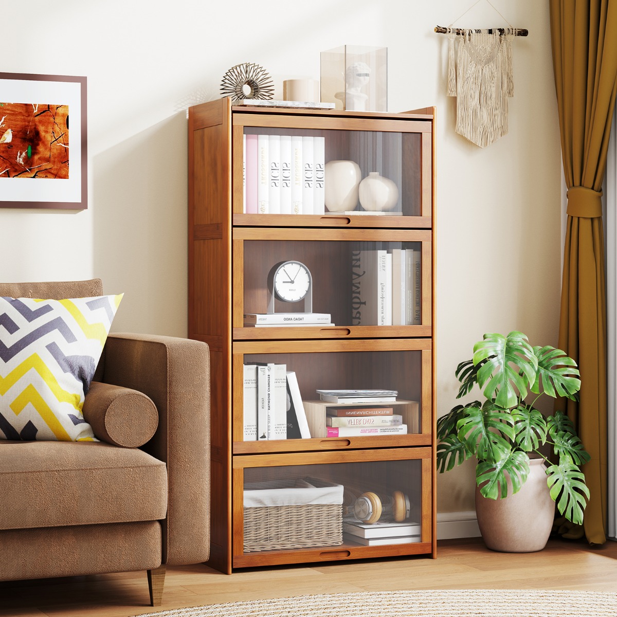 4 stöckiges Bücherregal mit Acryltüren Vitrinenschrank aus Bambus 69 x 34 x 140 cm Braun