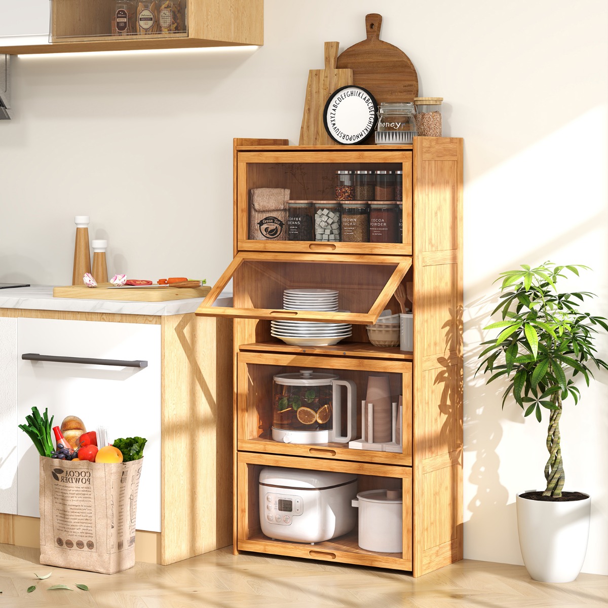 4 stöckiges Bücherregal mit Acryltüren Vitrinenschrank aus Bambus 69 x 34 x 140 cm Natur