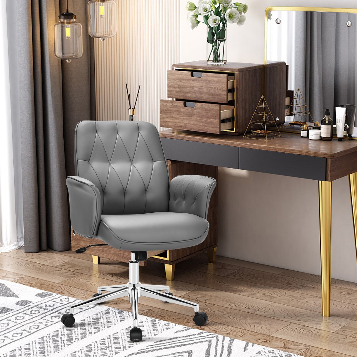 Bürostuhl Kunstleder Ergonomischer Schreibtischstuhl Höhenverstellbarer Drehstuhl Grau