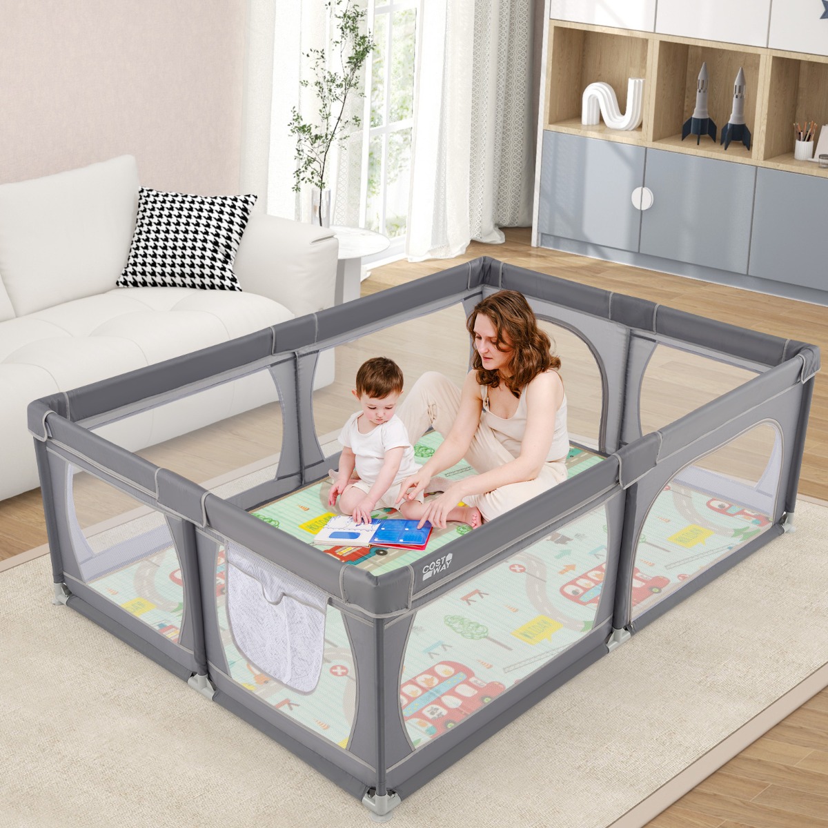 Baby Laufstall mit 50 Bällen & 2 Türen & Atmungsaktivem Netz & Reißverschluss
