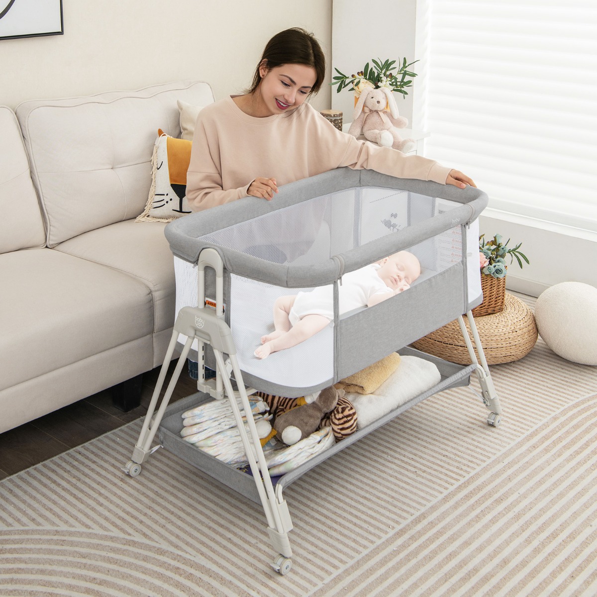 2 in 1 Beistellbett & Stubenwagen mit 7 Verstellbaren Höhen & Matratze & Tragetasche & Gurte
