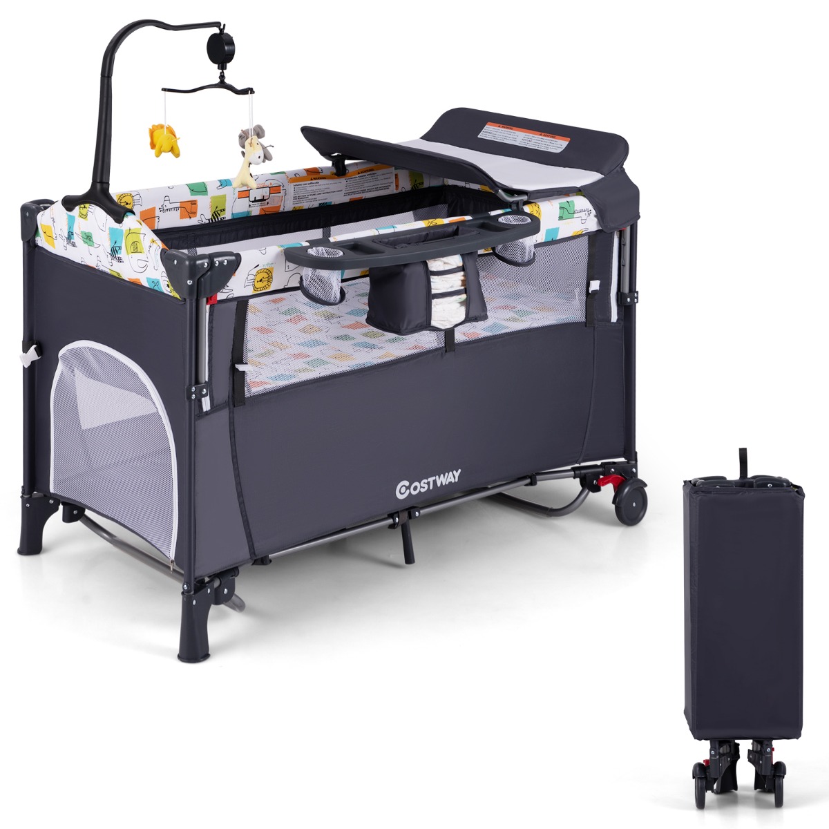 Wandelbares 5-in-1-Babybett mit Wickeltisch & Aufbewahrungstasche Grau
