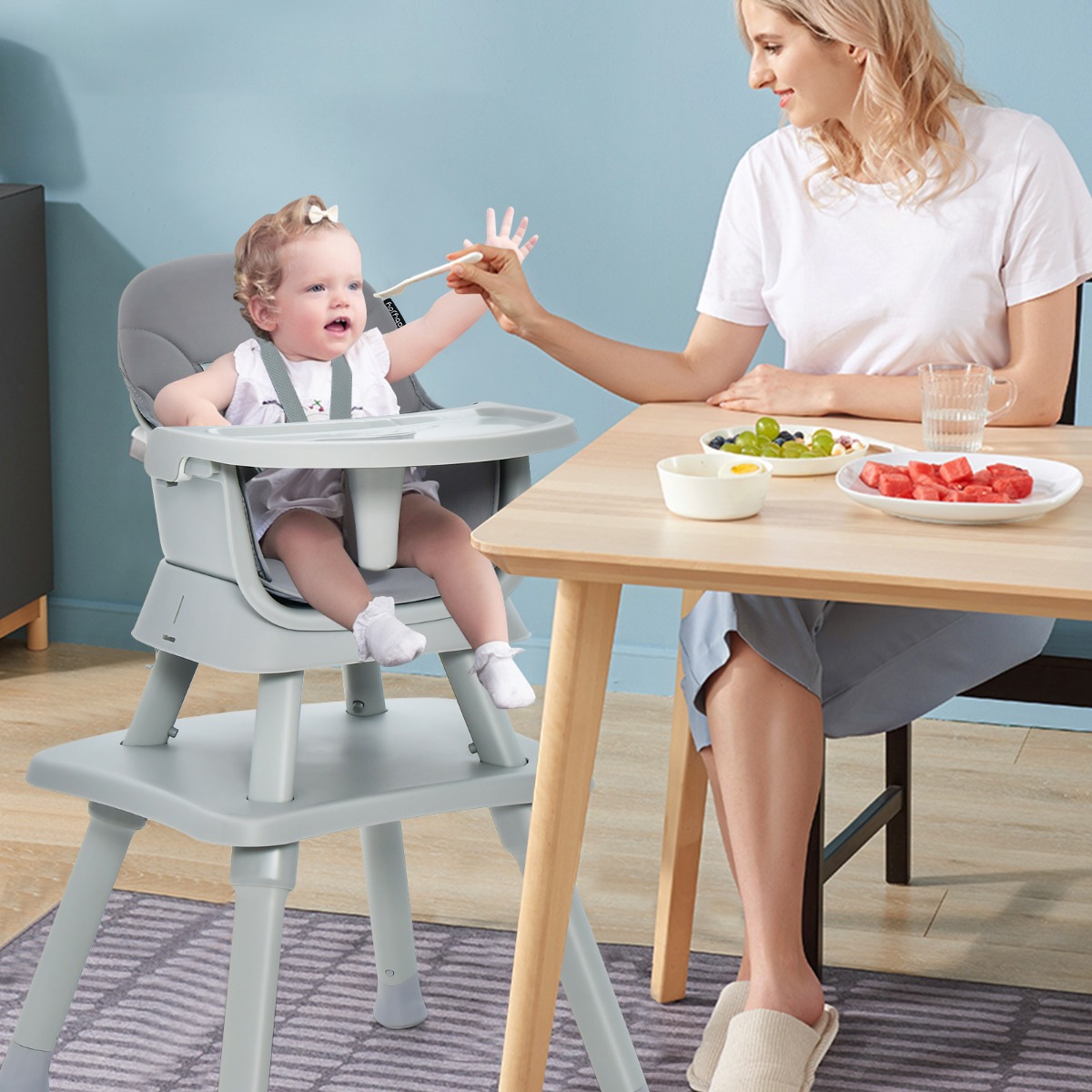 6-in-1 Babyhochstuhl Hochstuhl &amp; Essstuhl &amp; Lerntisch &amp; Bausteintisch &amp; Kindersitzgruppe Grau