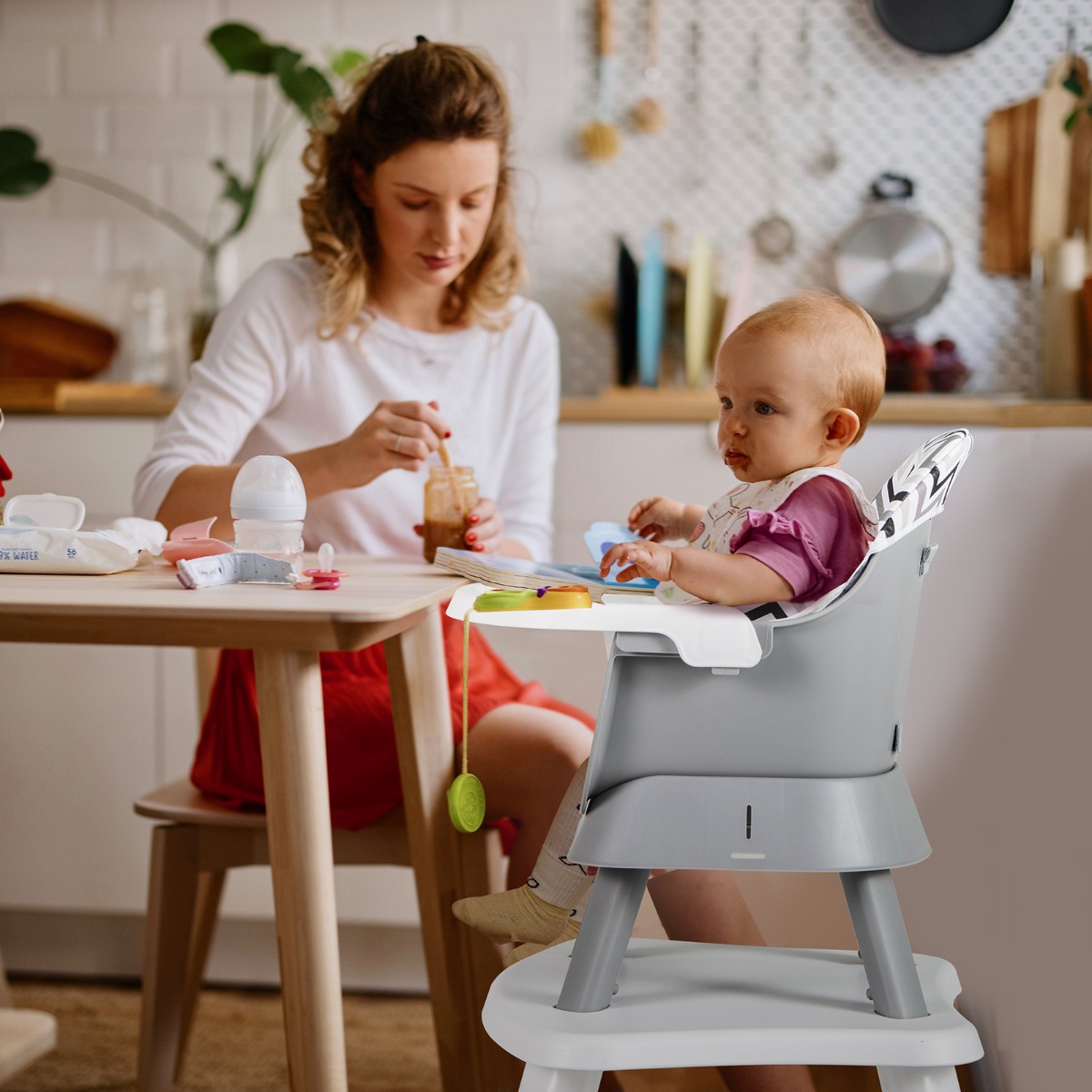 6-in-1 Babyhochstuhl Hochstuhl &amp; Essstuhl &amp; Lerntisch Babystuhl Kombihochstuhl Grau und Weiß
