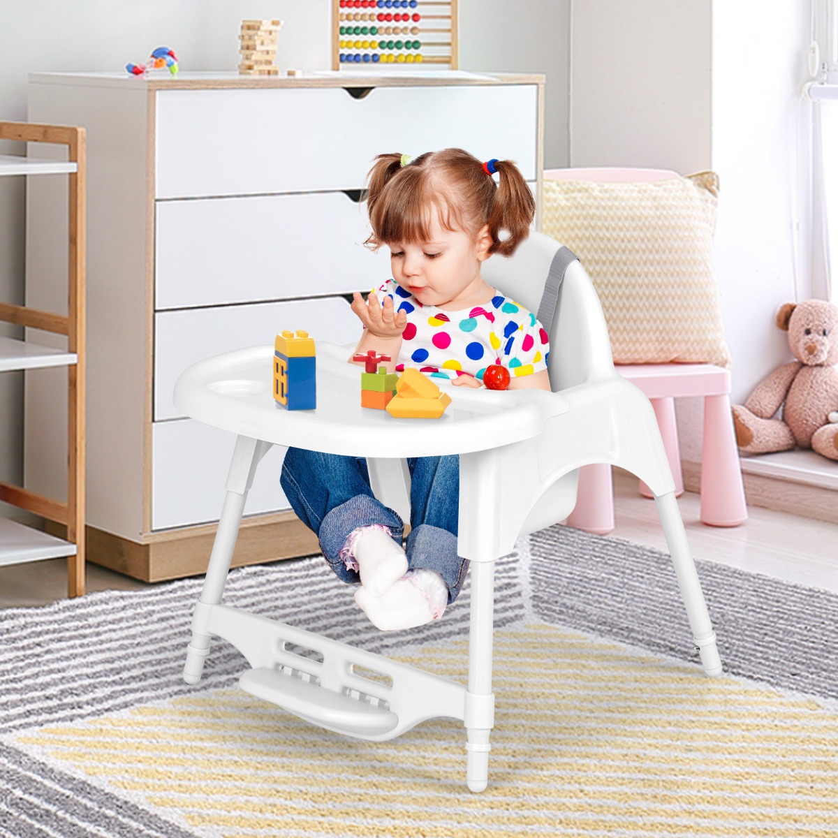 4 in 1 Hochstuhl Baby Kinderhochstuhl mit abnehmbaren Tablett Babyhochstuhl Weiß