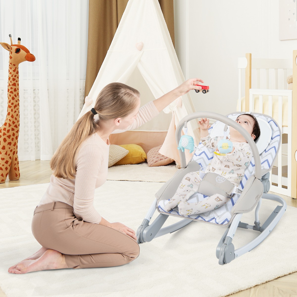 2 in 1 Babywippe klappbar tragbare Babyschaukel mit 3-stufig verstellbarer Rückenlehne Grau