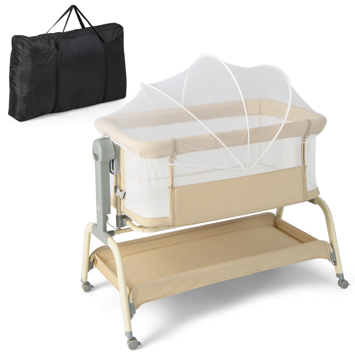 4 in 1 Mobiles Babybett mit Moskitonetz & Matratze & 6 Verstellbaren Höhen Beige