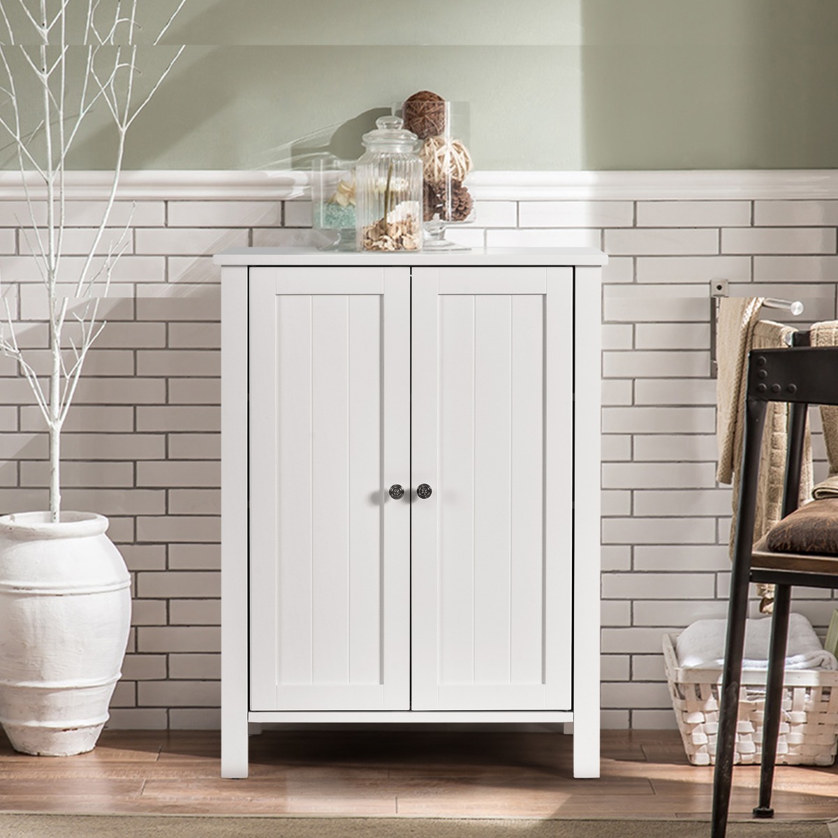 Badezimmer-Bodenschrank mit Doppeltür Verstellbarer Einlegeboden 60 x 30 x 80,5 cm Weiß