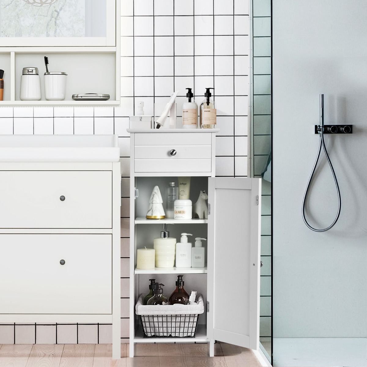 Badezimmer-Bodenschrank Freistehender Schrank mit Schublade Badschrank 35,6 x 30,5 x 88 cm Weiß