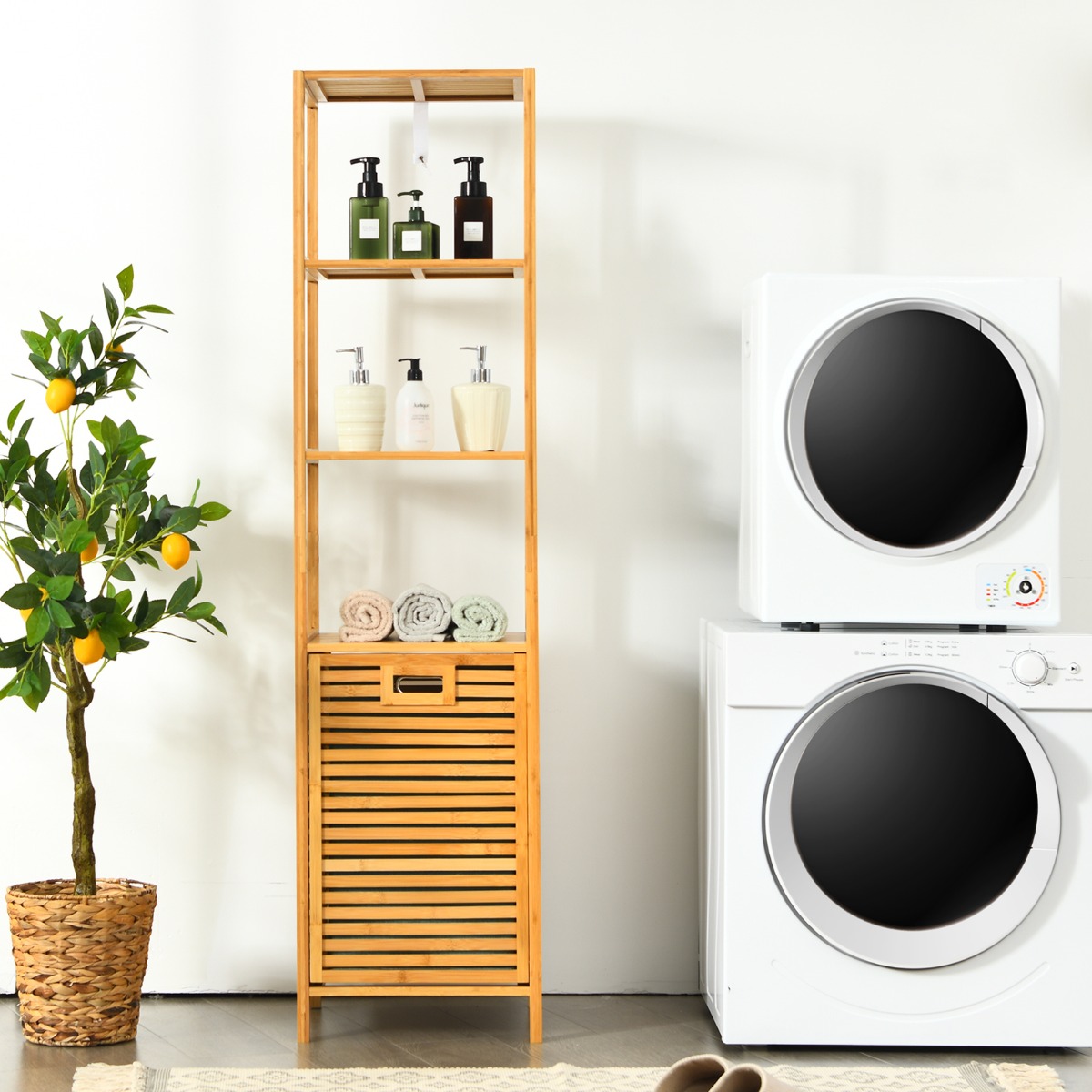 Badezimmer Hochschrank mit Wäschekorb aus Bambus mit Regalen Ideal für Bad 40 x 33 x 160 cm Natur