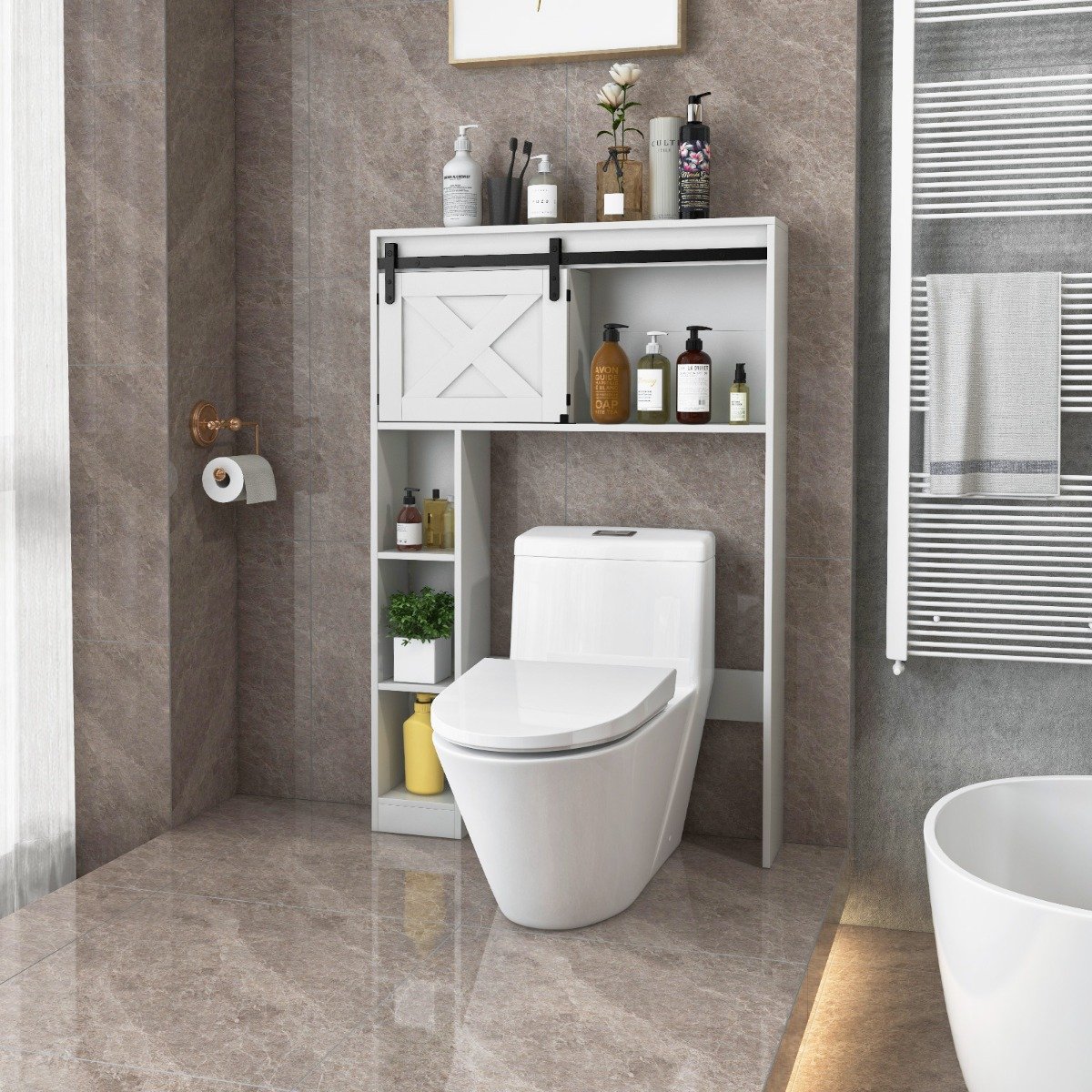 Toilettenschrank aus Holz Toilettenregal mit Schiebetür 84 x 17 x 128 cm Weiß