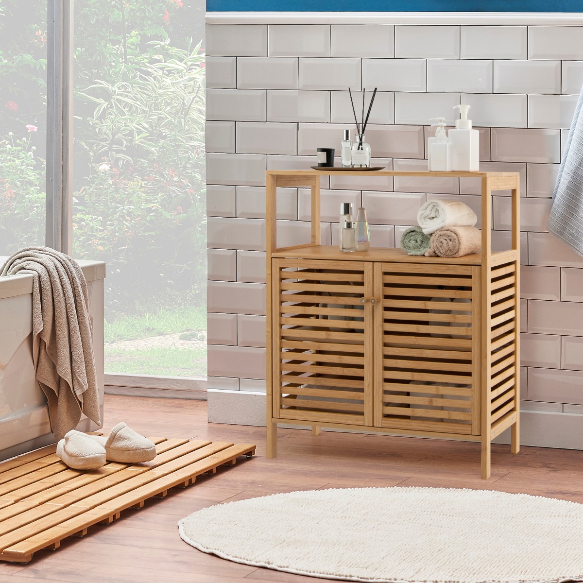 Badezimmer-Schrank Freistehendes Bambusregal mit Offener Ablage 64 x 27,5 x 80 cm Natur
