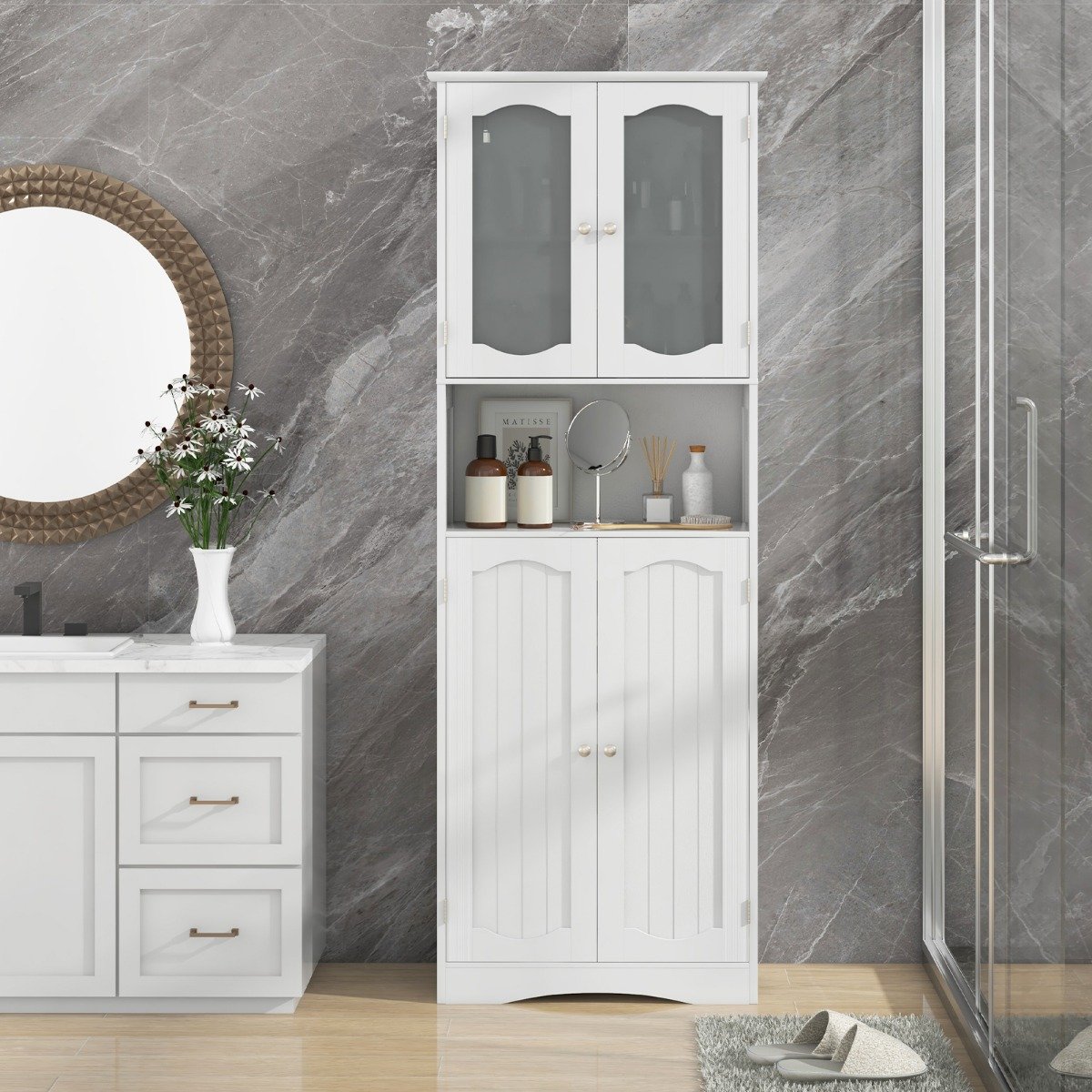 Badezimmerschrank freistehender Hochschrank mit 4 Türen & offenem Fach Weiß 60 x 30 x 164 cm