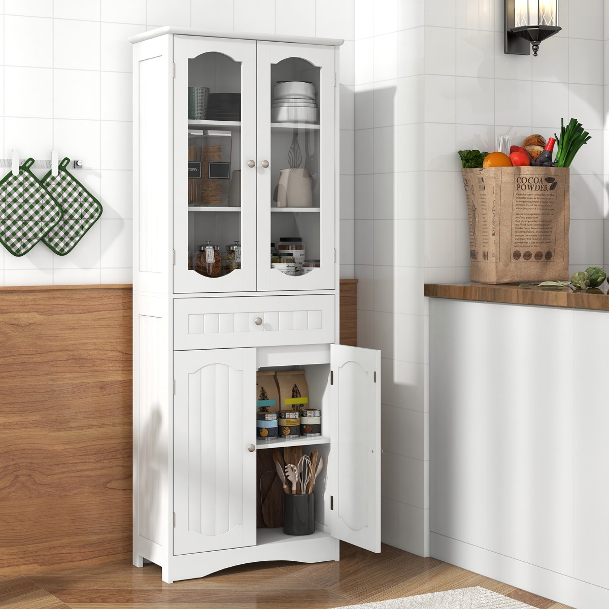 Badezimmerschrank freistehender Hochschrank mit 4 Türen & Schublade Weiß 60 x 30 x 160 cm
