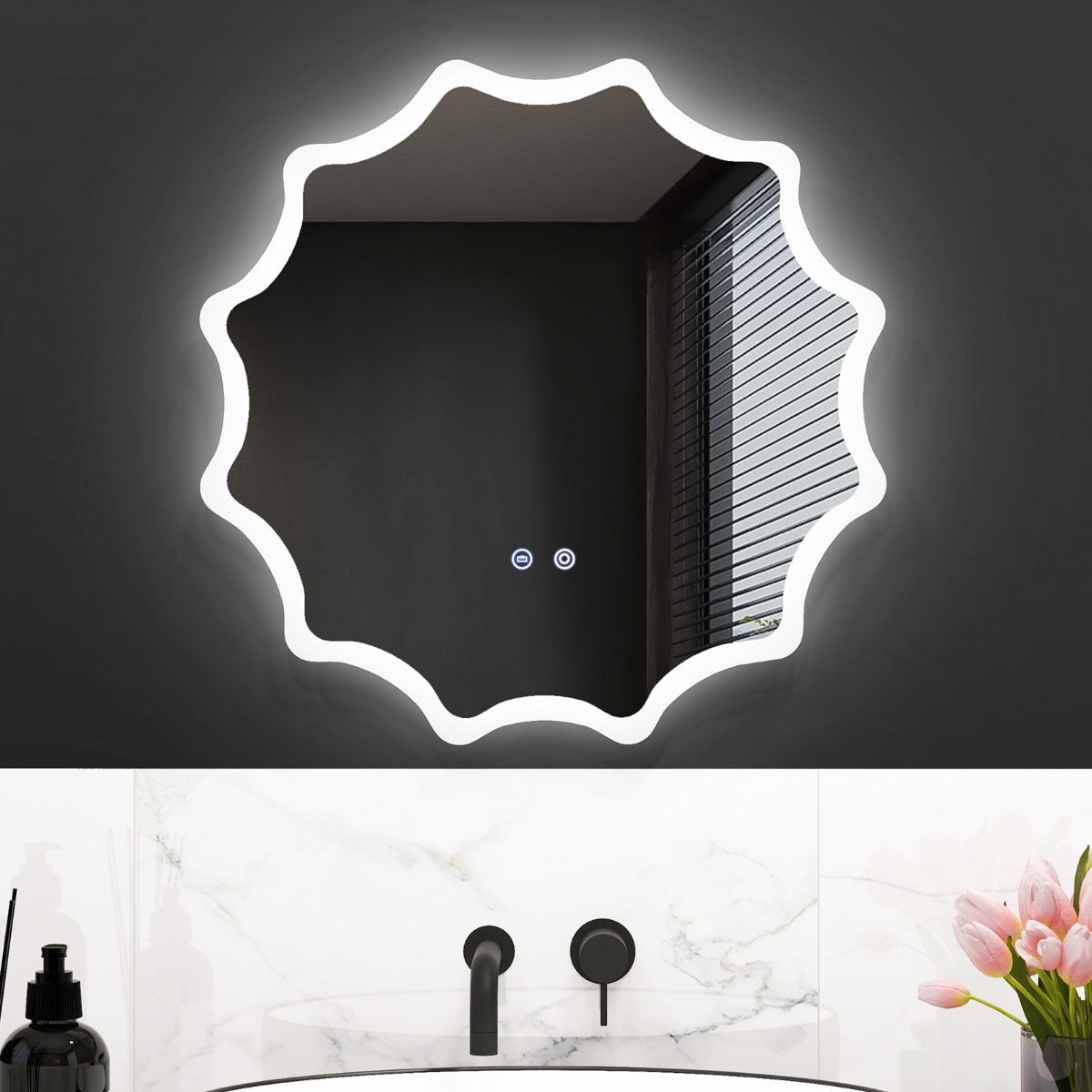 Badspiegel mit Anti-Beschlage Spiegelheizung Welle-Design LED-Spiegel Wandspiegel 60 x 60 cm
