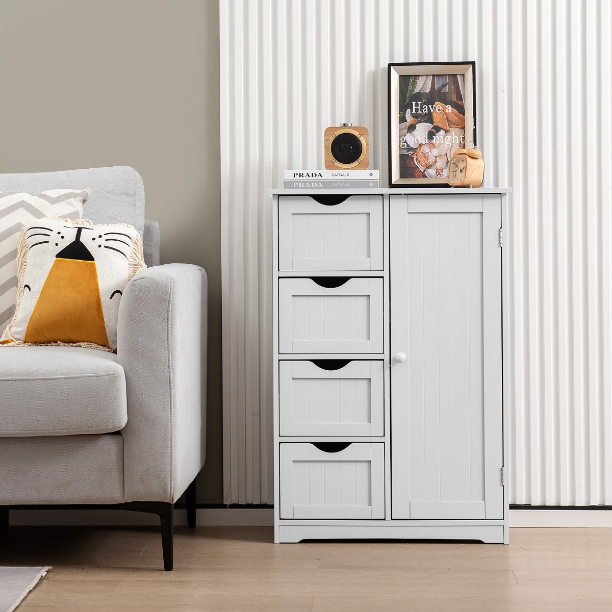 Badezimmerschrank mit 4 Schubladen & 1 Magnetischer Türverschluss Badschrank Weiß