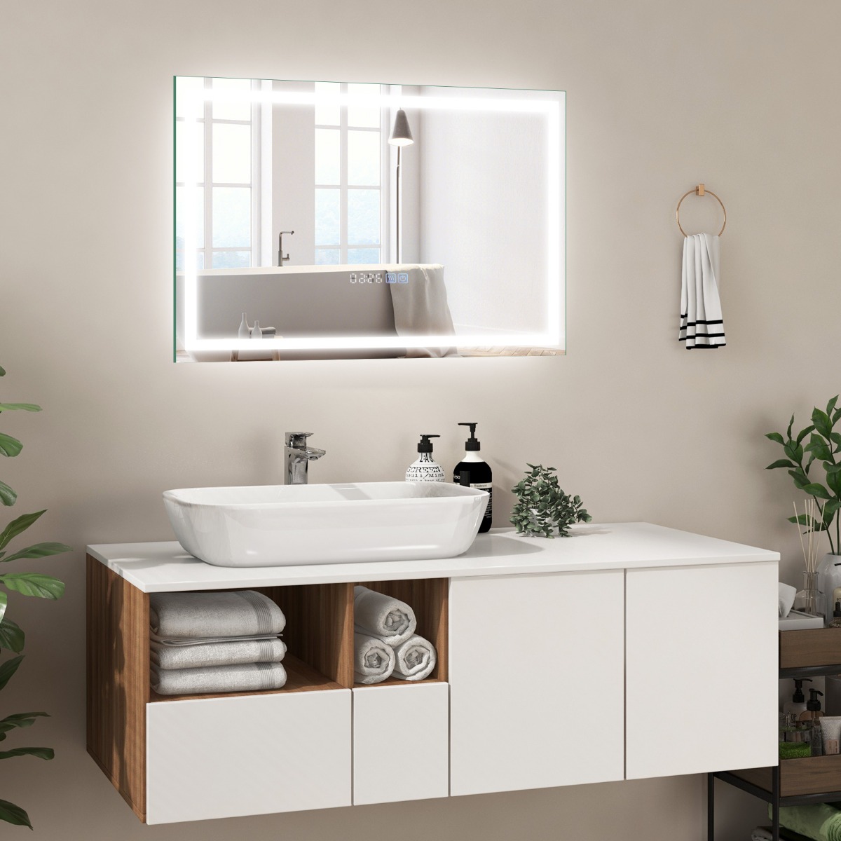 Badspiegel mit Anti-Beschlage Uhr Touchschalter & Memory-Funktion Spiegelheizung LED Spiegel dimmbar 3000K-6000K 75 x 50 cm