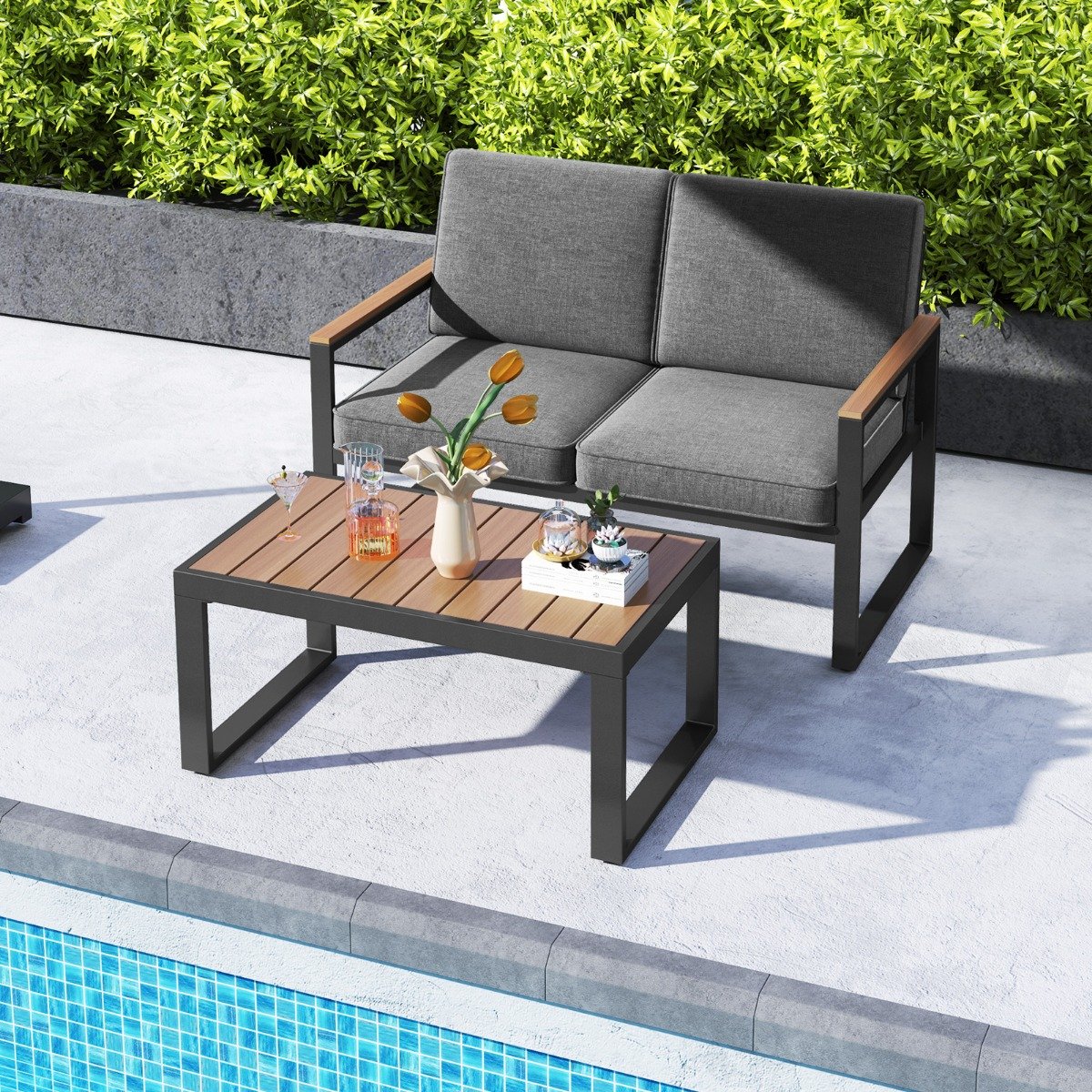 Balkonmöbel wetterfestes Gartenmöbel Set mit Aluminiumrahmen Balkonset mit Bank Grau