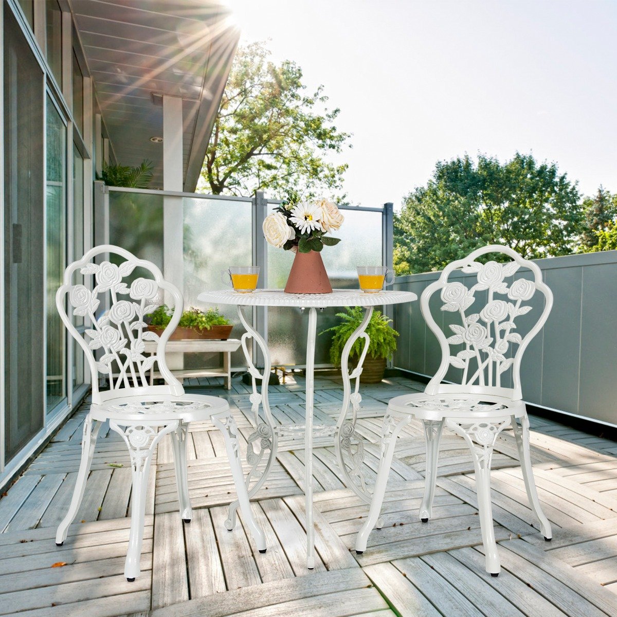 3-tlg. Gartenmöbel Set Balkonset mit 2 Stühle & Tisch aus Aluminiumguss & Gusseisen Weiß