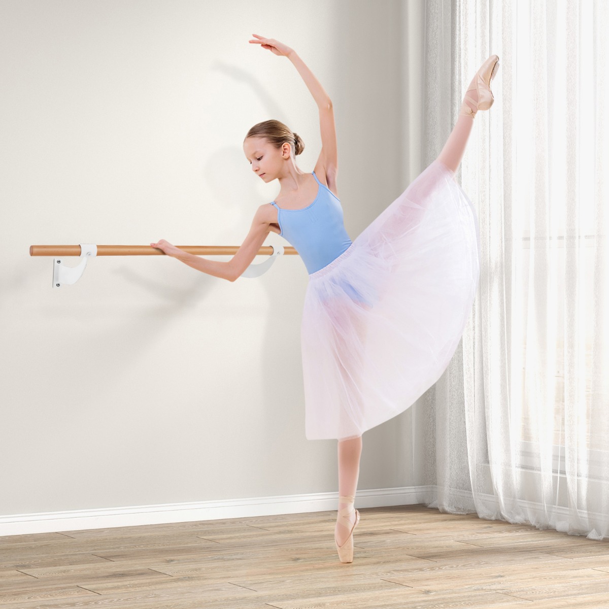 120 cm Lange Ballettstange aus Holz inkl. Wandabstand Wandmontage Tanzstange Natur