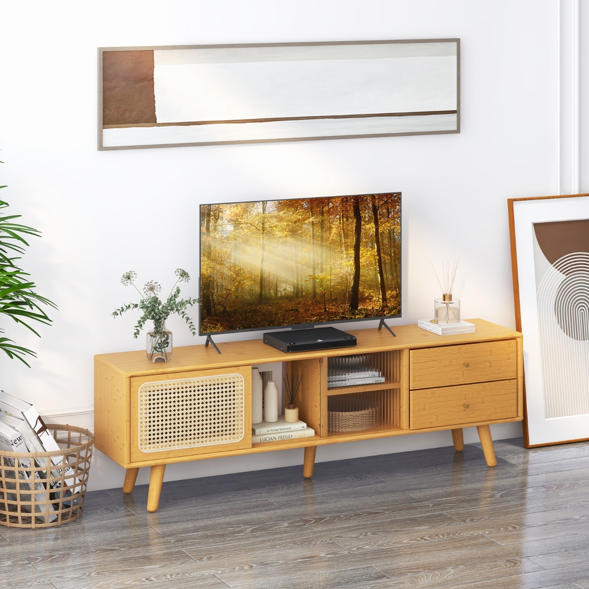 Bambus-TV-Ständer für TVs bis zu 65 " TV-Konsole im Mid-Century-Modern-Stil 140 x 31 x 45,5 cm Natur