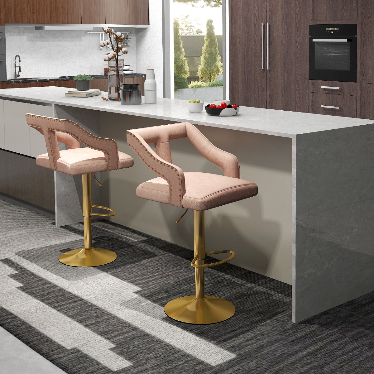 2er Set Barhocker drehbare Barstühle 63-85 höhenverstellbar Küchenhocker aus Samt Rosa