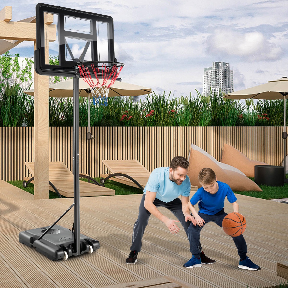 130 cm - 305 cm Höhenverstellbarer Basketballkorb mit Ständer & 2 Rädern Korbständer Schwarz