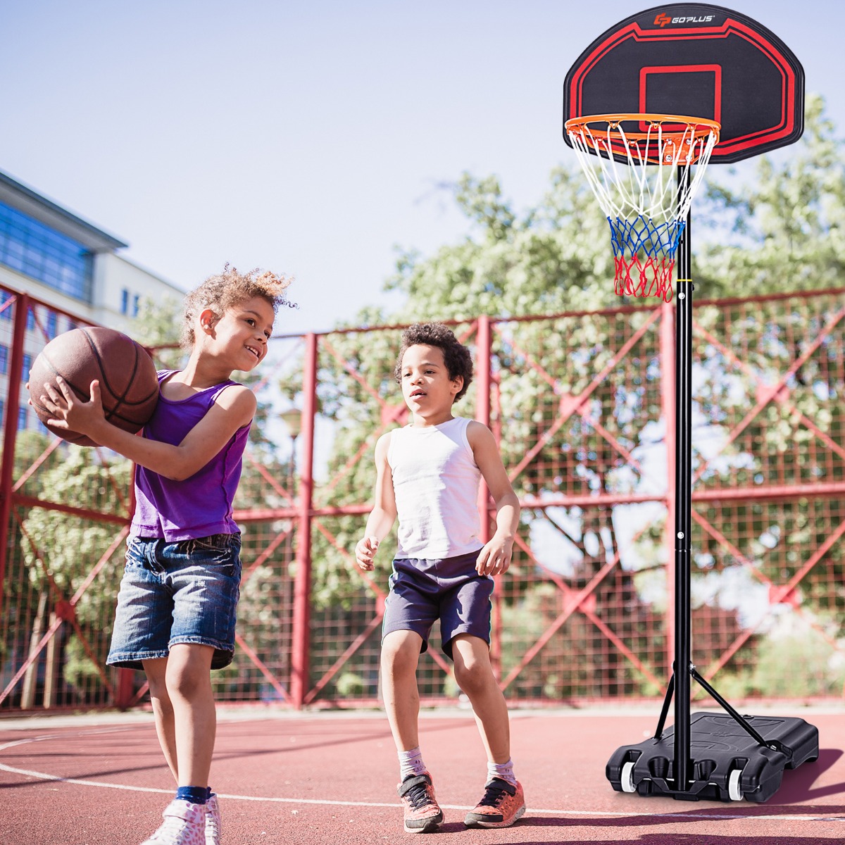Höhenverstellbarer Basketballständer für Kinder für den Innen- und Außenbereich Schwarz + Rot