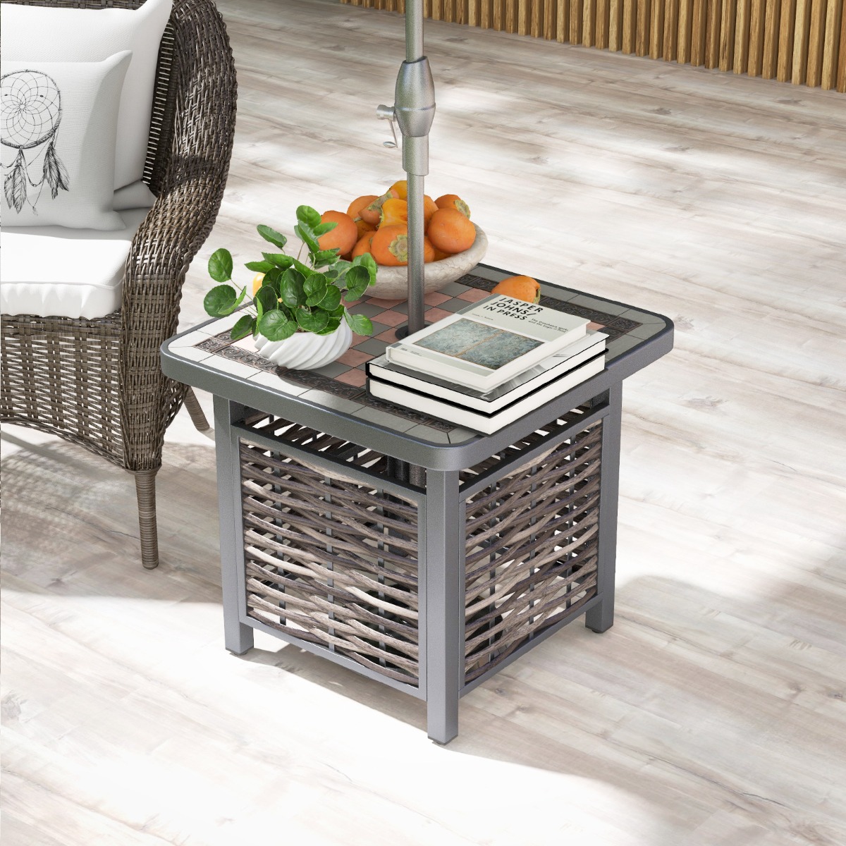 Outdoor PE Rattan Gartentisch mit Harz-Tischplatte & Sonnenschirmloch Couchtisch für Garten