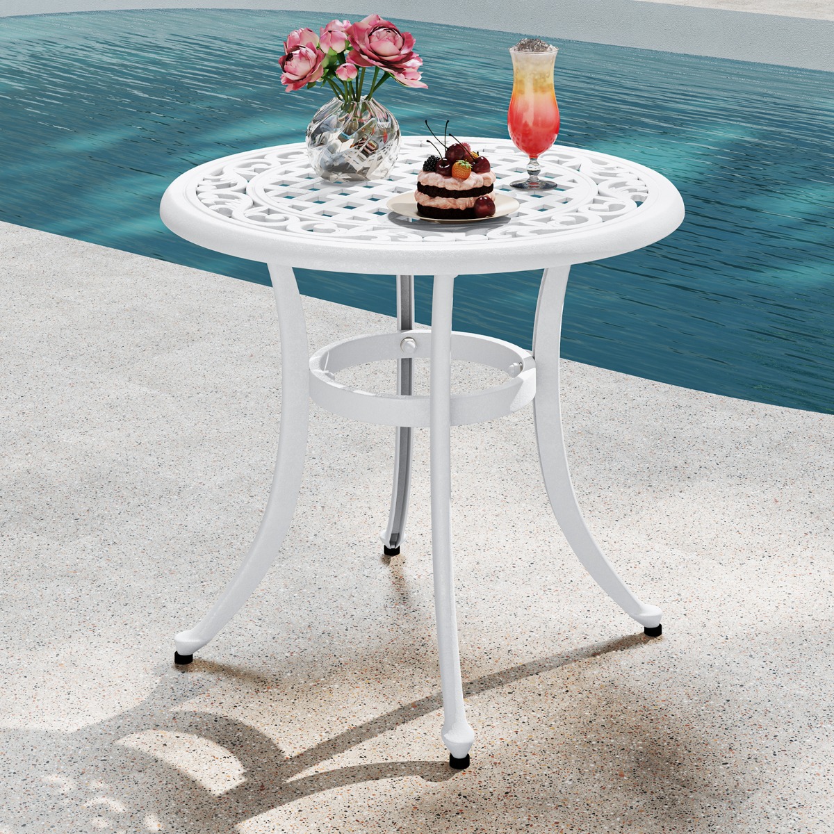 Ø 60 cm Terrassentisch aus Aluminiumguss mit Verstellbaren Fußpolstern Runder Kaffeetisch Weiß
