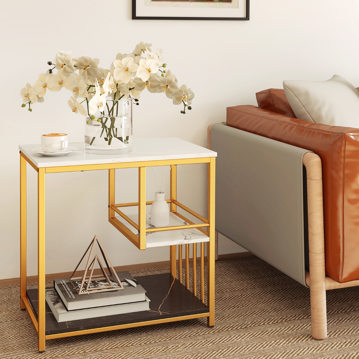 Beistelltisch Marmor Optik 3-stufiger Nachttisch mit Metallrahmen Couchtisch modern Wohnzimmertisch Weiß