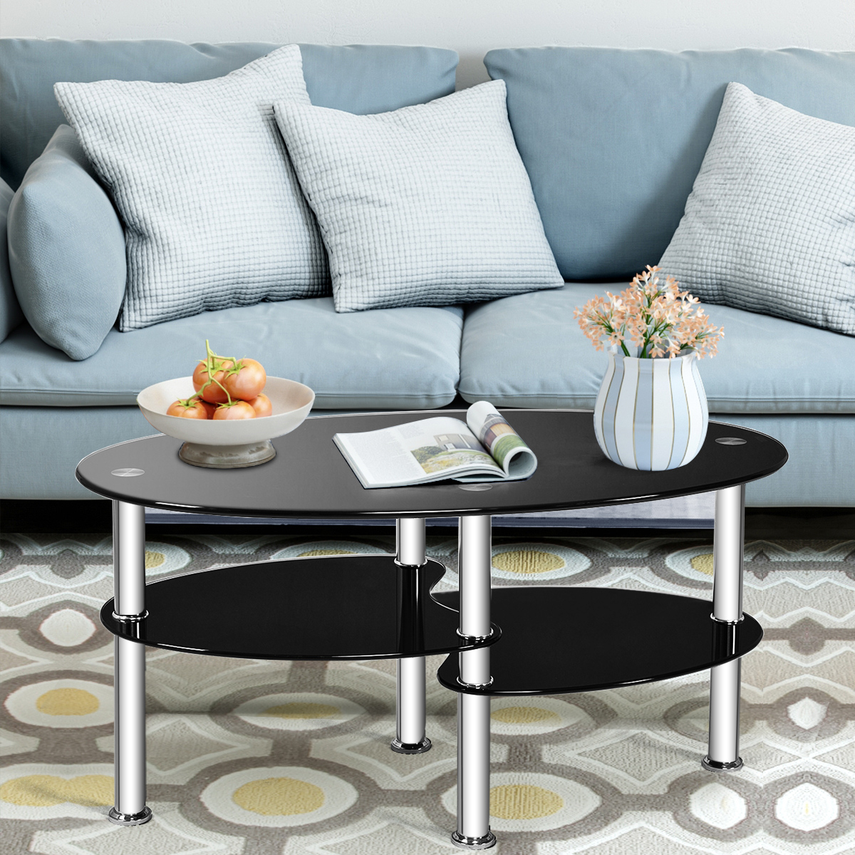 3 Ebenen Glastisch mit Modernem Ovalen Design Dreistufigem Regal Schwarz