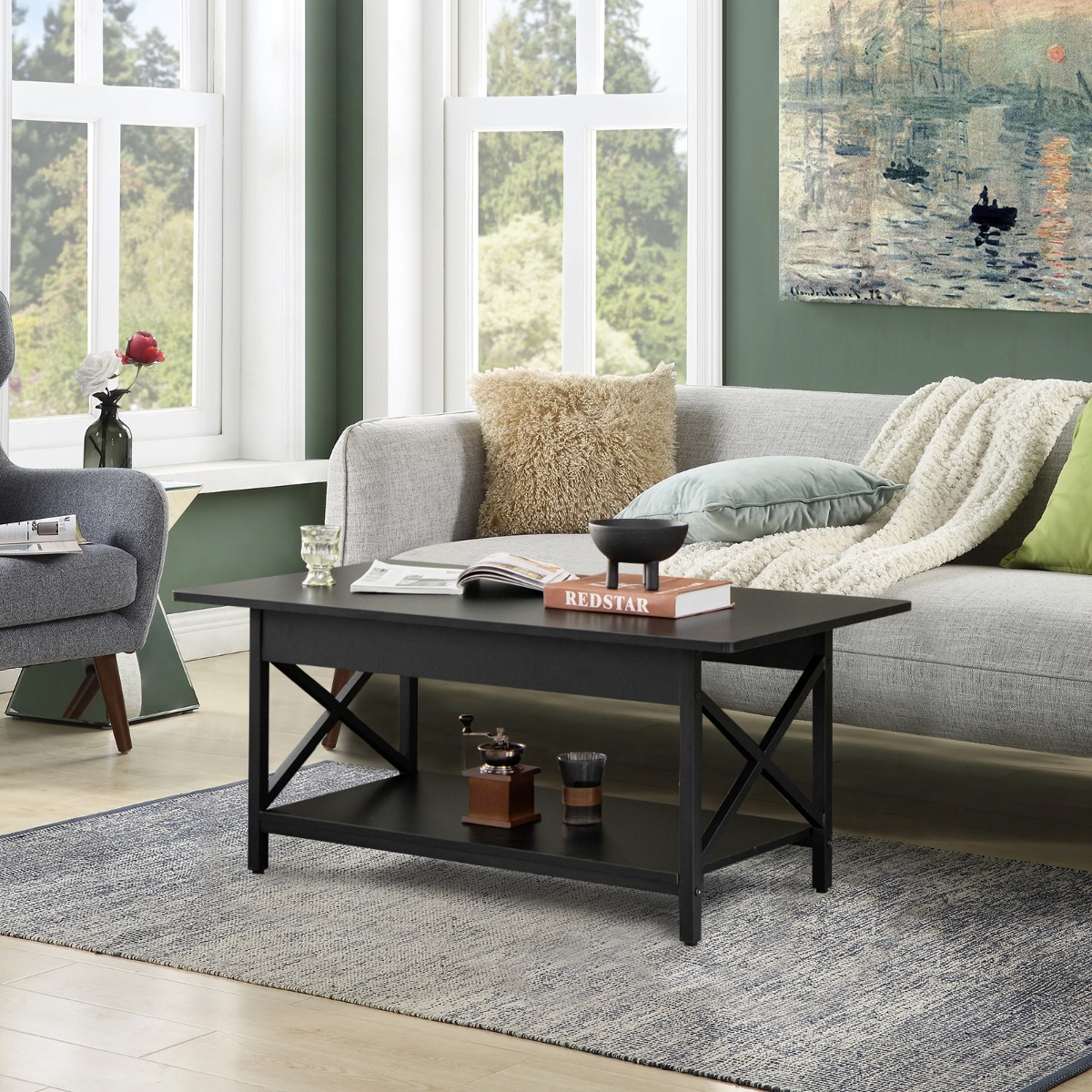 2-stufiger Industrieller Couchtisch mit Ablagefläche & X-förmigem Metallrahmen Schwarz