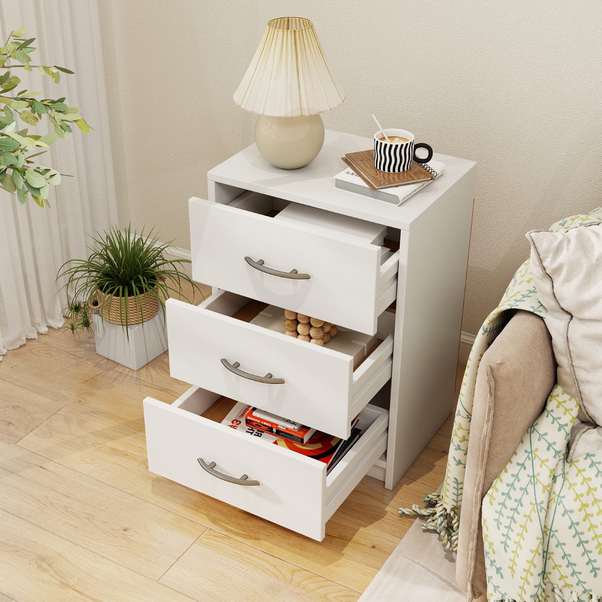 Nachttisch mit 3 Schubladen Nachtschrank für Boxspringbett 38,5 x 28 x 54 cm Weiß
