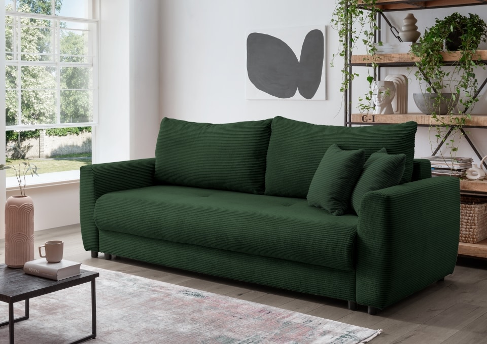 Sofa Elia von Benformato mit Schlaffunktion & Bettkasten, Breitcord, wählbar in 3 Farben
