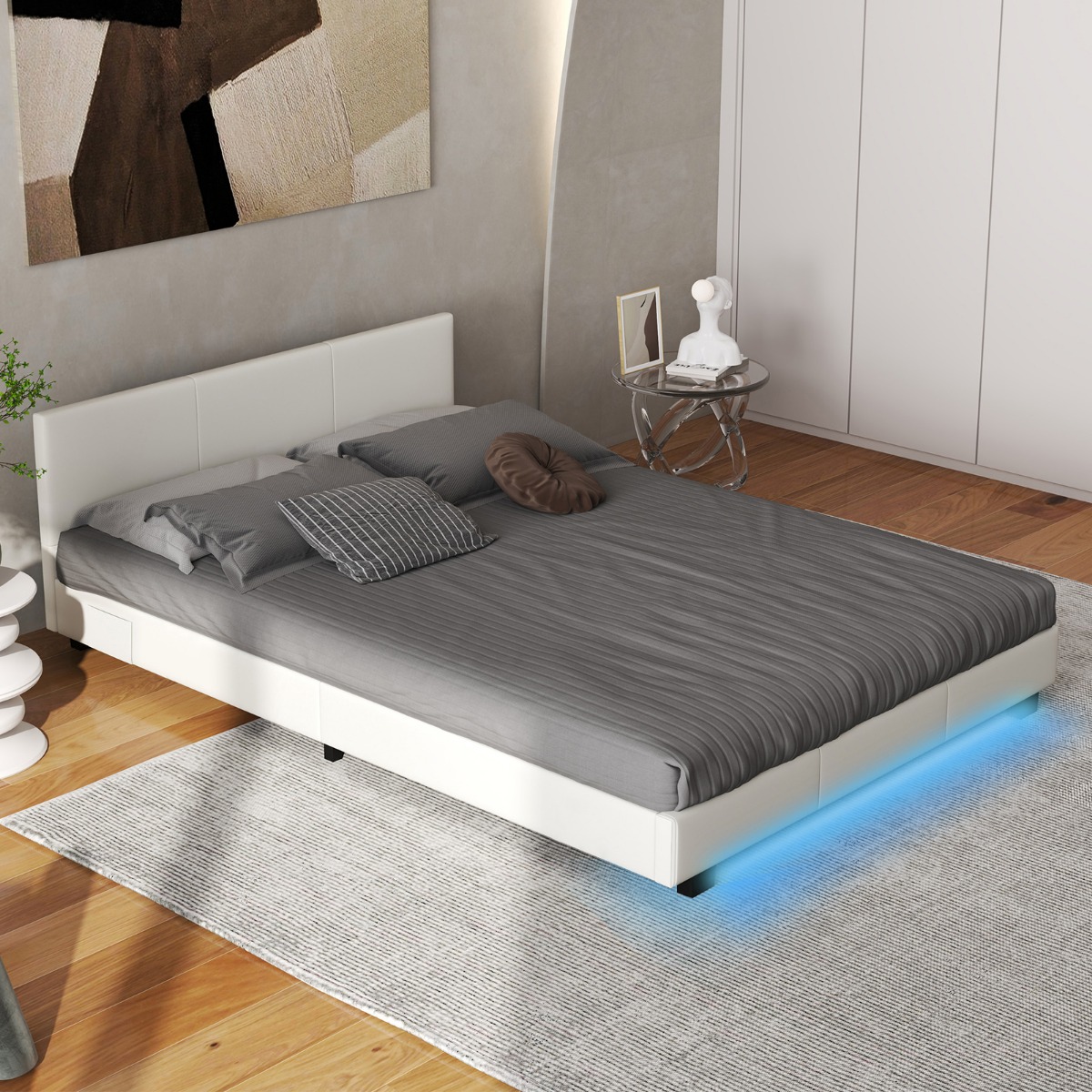 Bett mit LED Beleuchtung 140 x 200 cm Polsterbett mit Lattenrost Bettgestell Bettrahmen Weiß