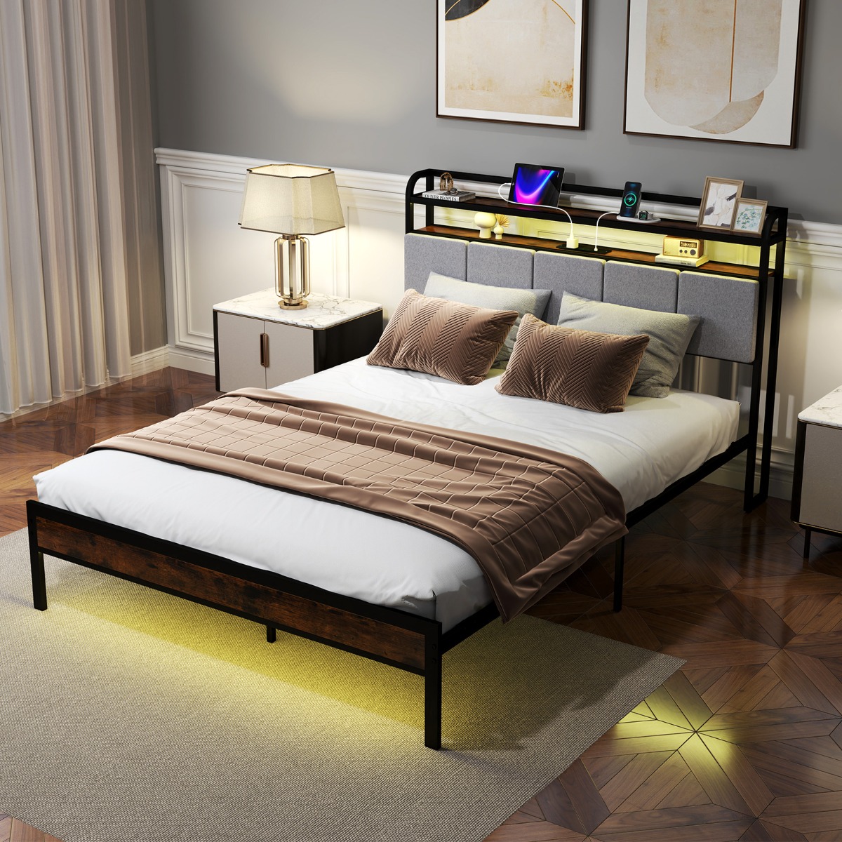 Kingsize Bettrahmen mit LED-Licht & Ladestation & Gepolstertem Kopfteil Metallgestell Bettgestell