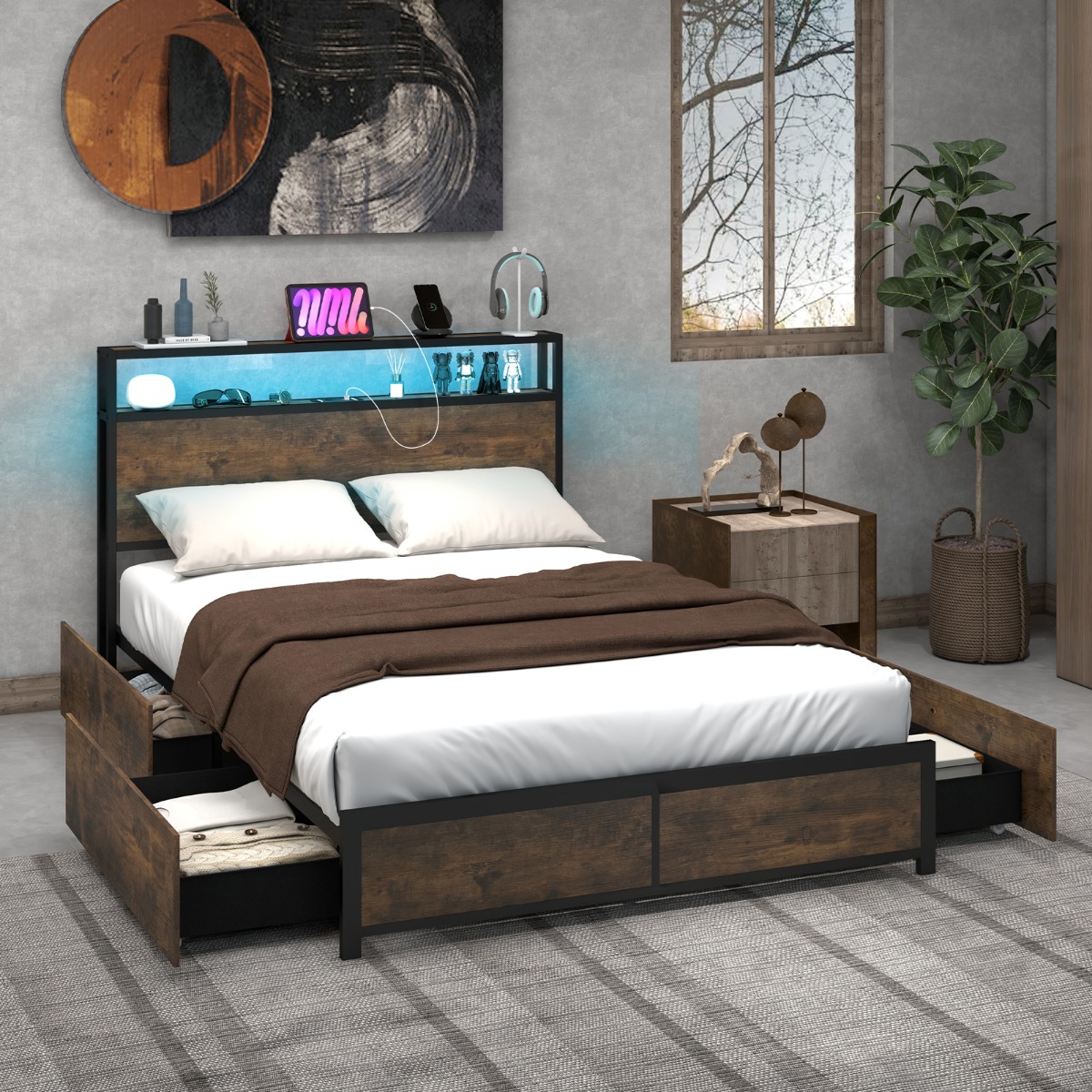 Doppelbettrahmen mit LED Plattformbett & Schubladen geräuschfreies Bettgestell Rustikales Braun