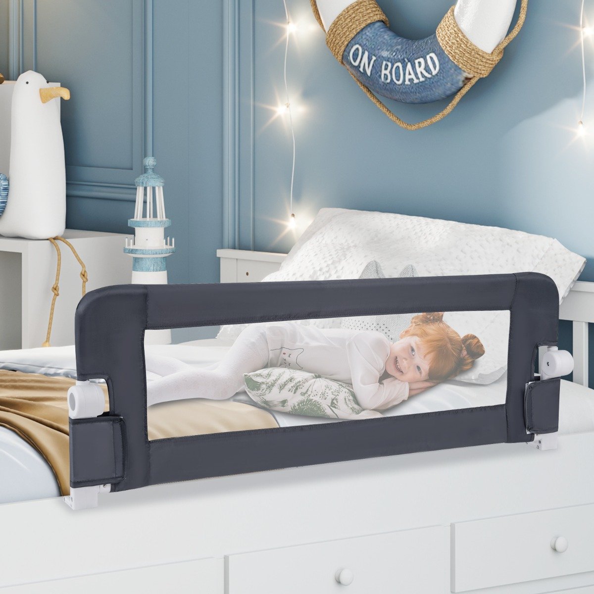 Klappbares Bettgitter mit Verstellbaren Riemen Bettschutzgitter 121 x 40,5 x 42 cm Grau